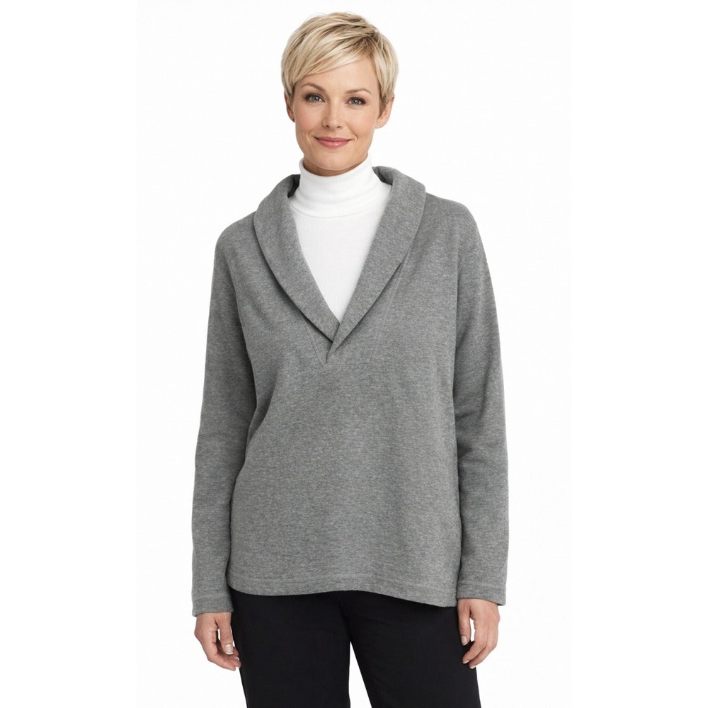 Merona Shawl Collar Pullover‎ Women L Gray Excellent V-Neck Long Sleeve Top
